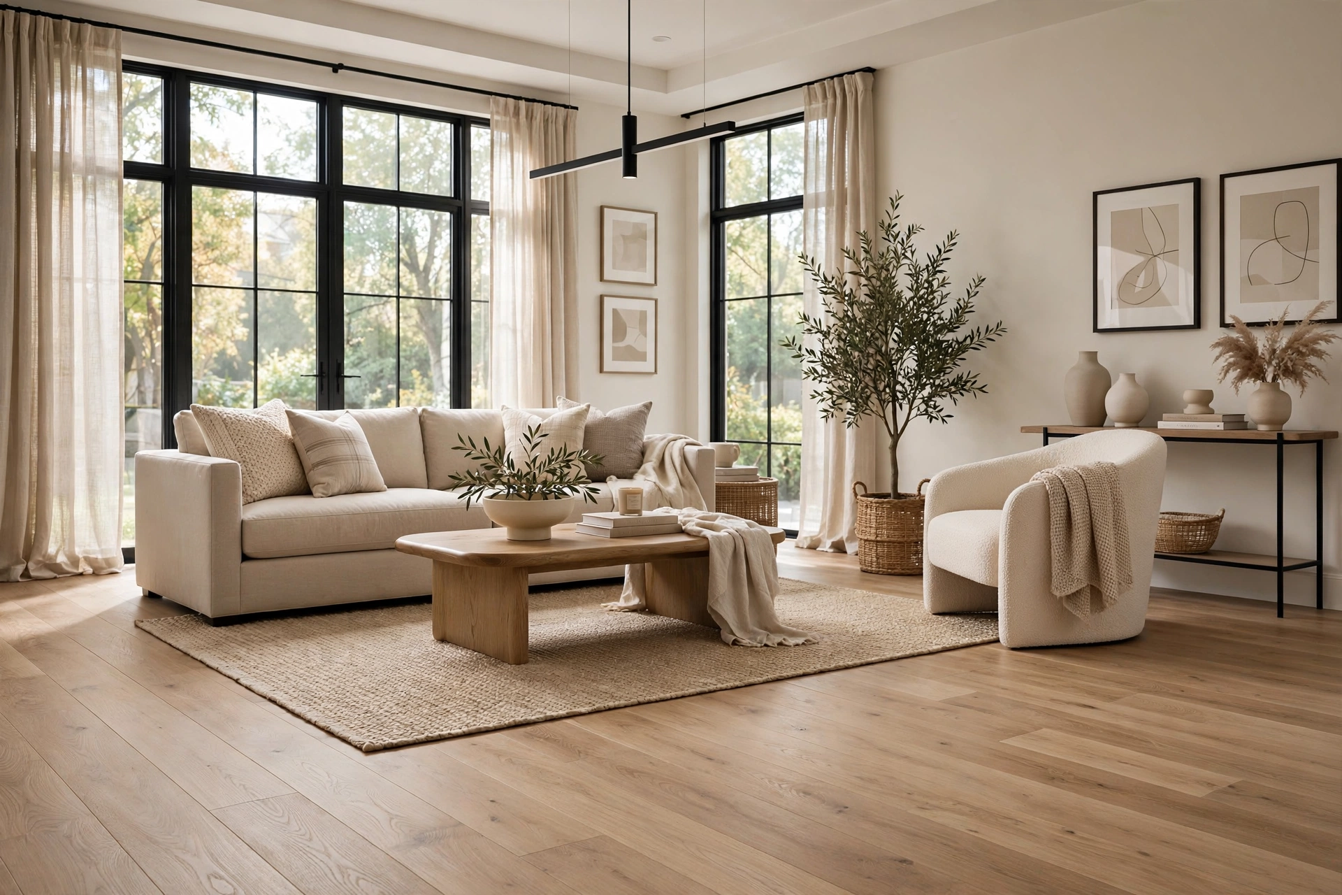 New wood-look flooring installed in a living room